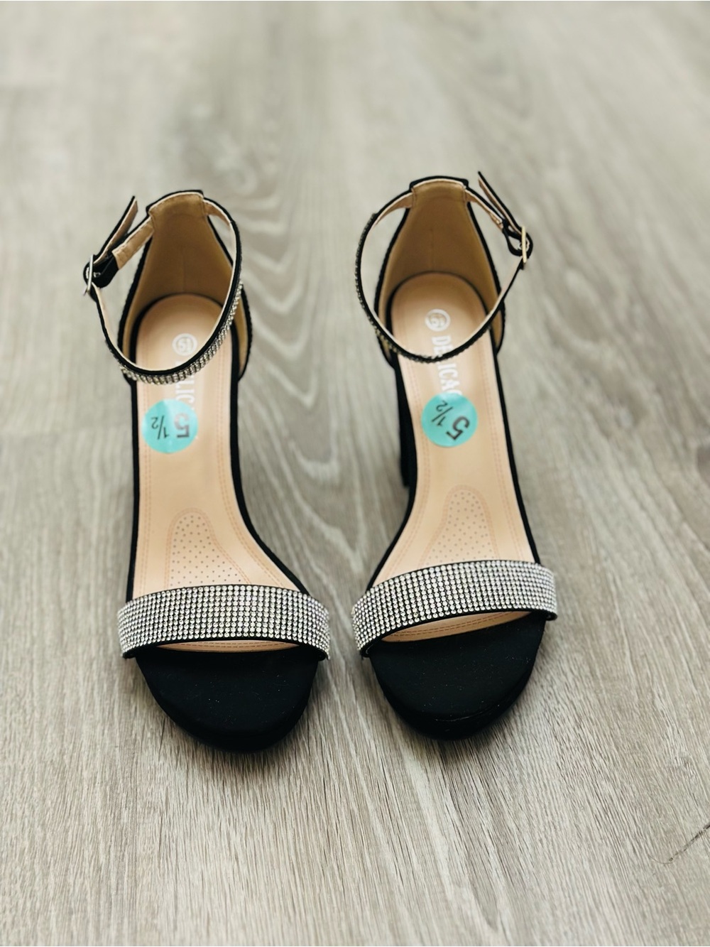 Delicacy Black Ankle-Strap Heels with Rhinestone Toe Band